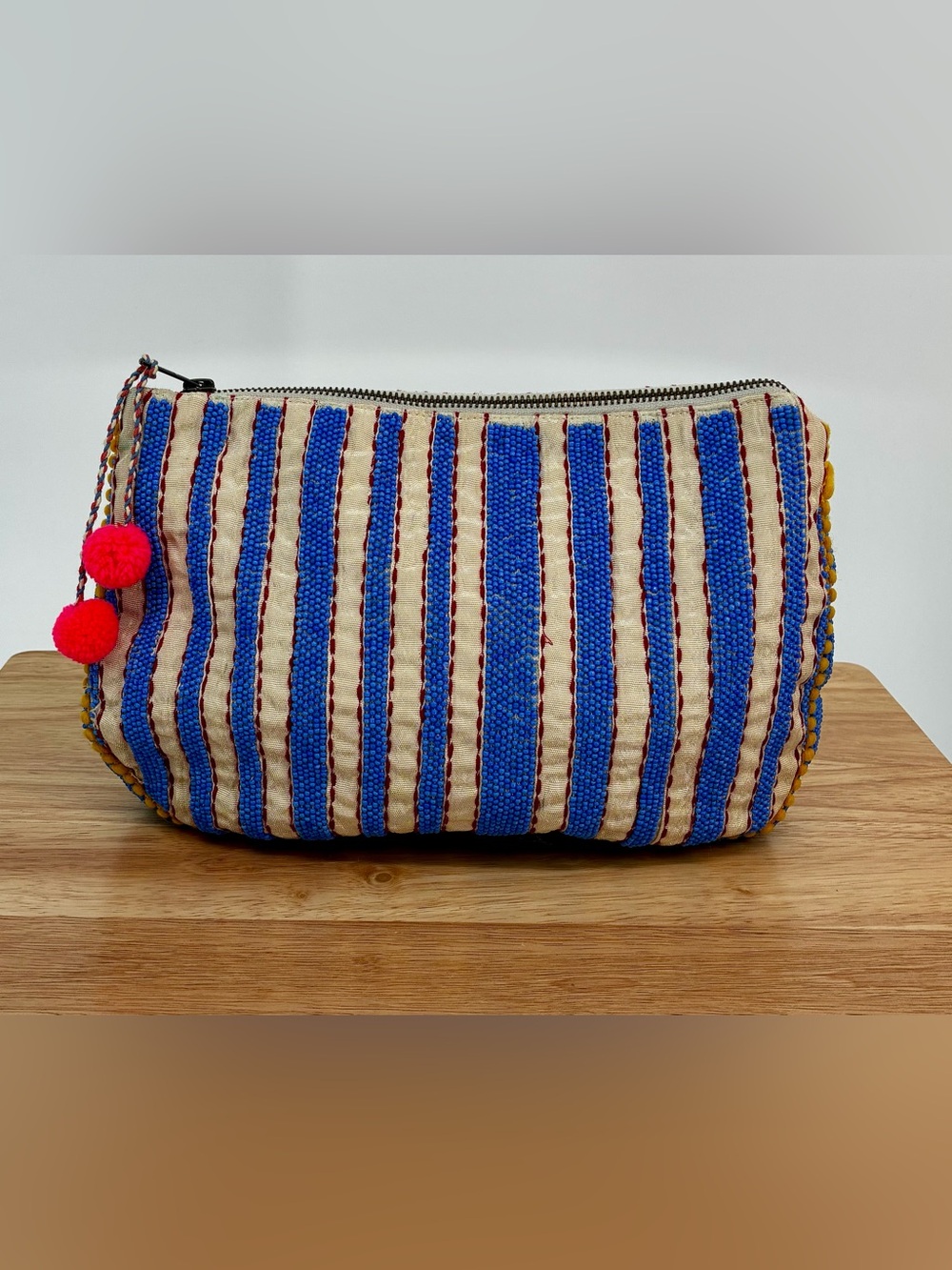 Anthropologie Jasper & Jeera Beaded Striped Clutch Pouch Bag Blue Cream